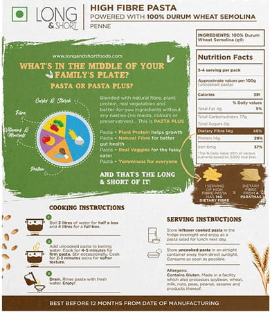 Long & Short High Fibre Penne - Wholegrain Wheat Pasta - Pack Of 2 (250gx2)