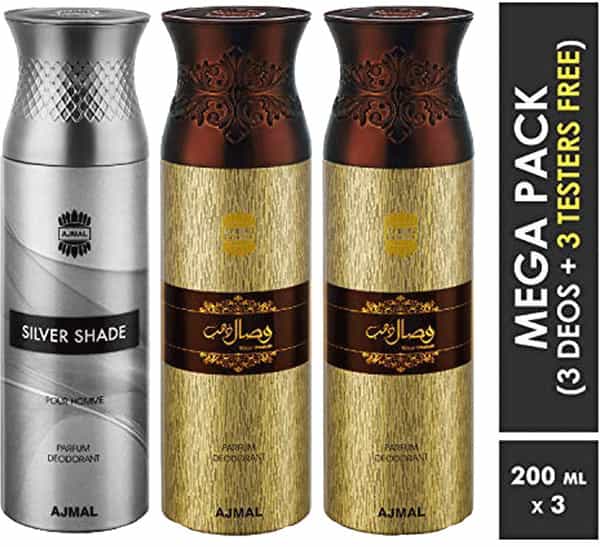 Ajmal Silver Shade & Wisal Dahab & Wisal Dahab Deodorant Perfume - For Men (200 Ml Pack Of 3)