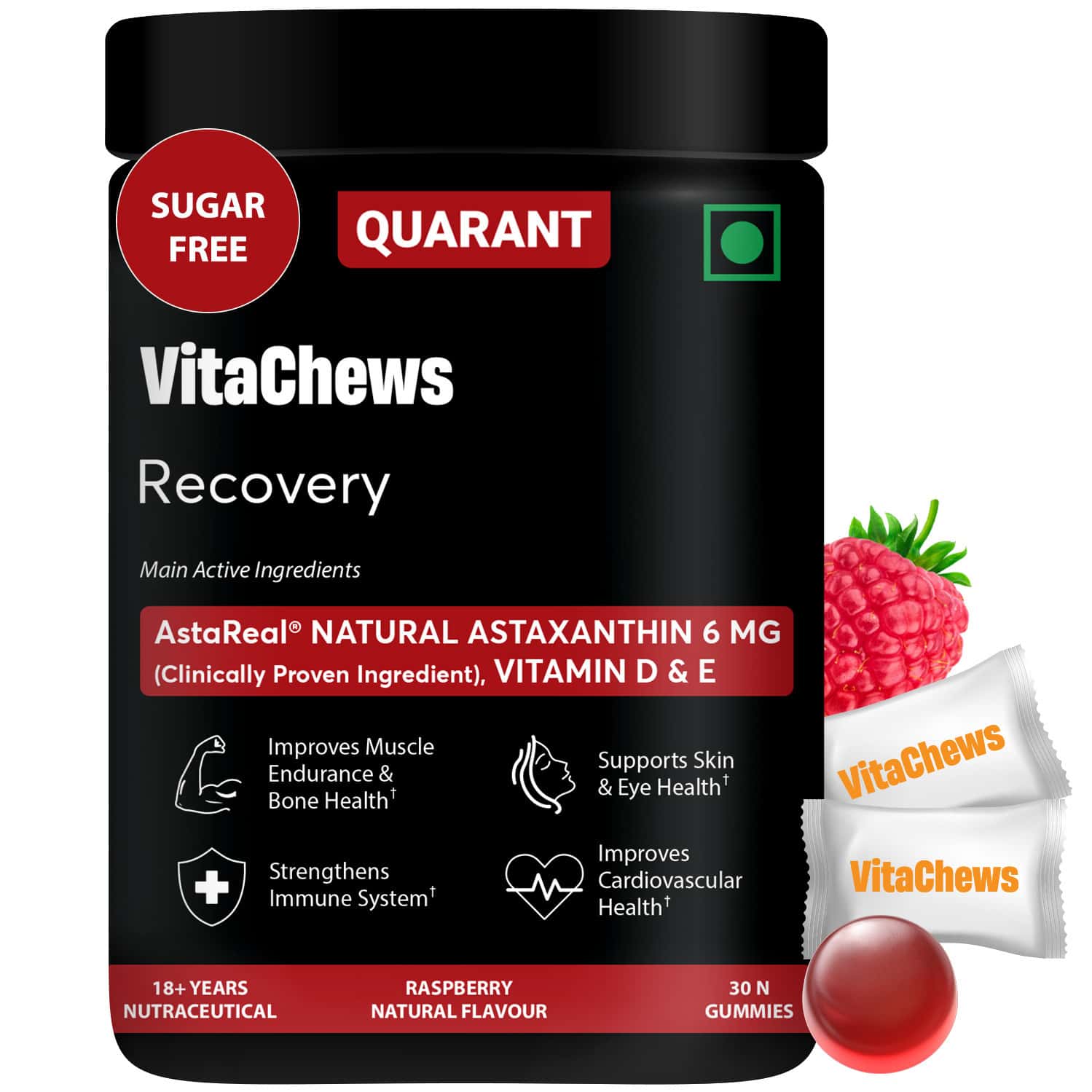 Quarant Vitachews Astareal Natural Astaxanthin 6mg Recovery Sugar Free Vitamin D & E Gummies 30 No'S