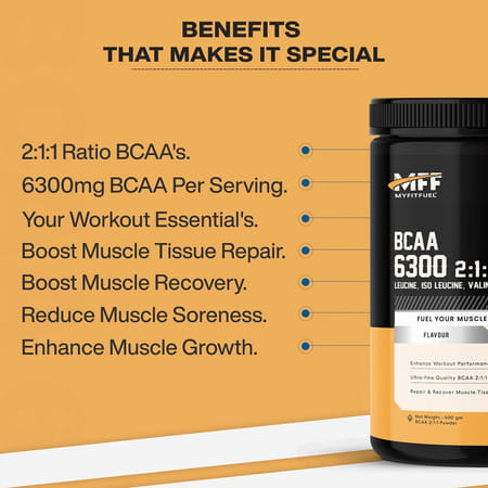 Myfitfuel Bcaa 6300 2:1:1 (200 Gm) Tangy Orange| Leucine | Isoleucine | Valine