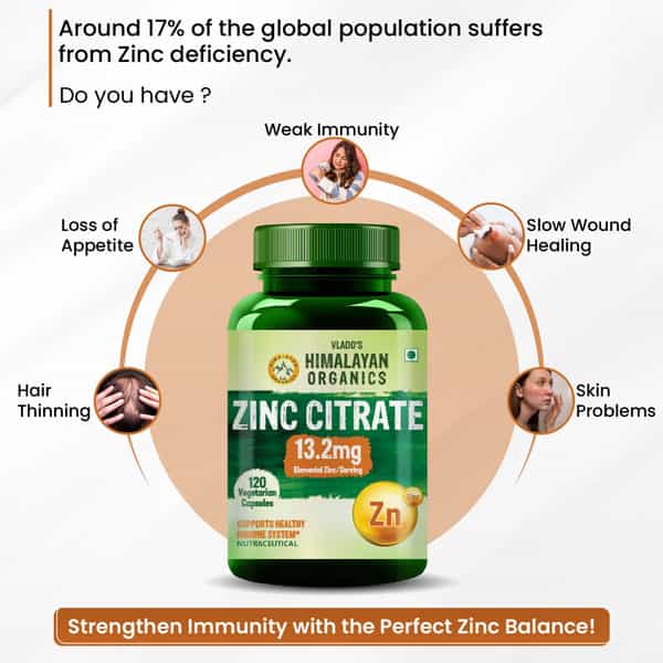 Vlado's Himalayan Organics Zinc Citrate | Healthy Immune Function & Iron Absorption - Veg - 120N