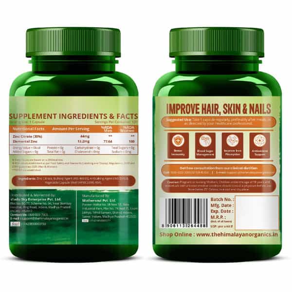 Vlado's Himalayan Organics Zinc Citrate | Healthy Immune Function & Iron Absorption - Veg - 120N