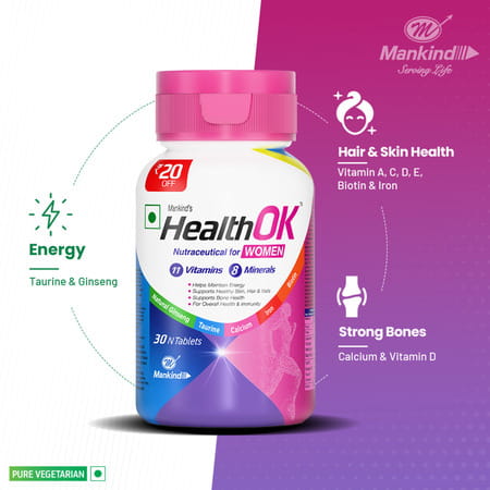 Health Ok Strawberry Flavour Nutraceutical For Women Bottle Of 30 Tablets