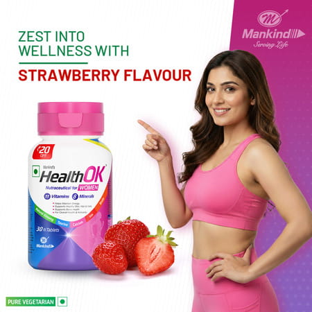 Health Ok Strawberry Flavour Nutraceutical For Women Bottle Of 30 Tablets