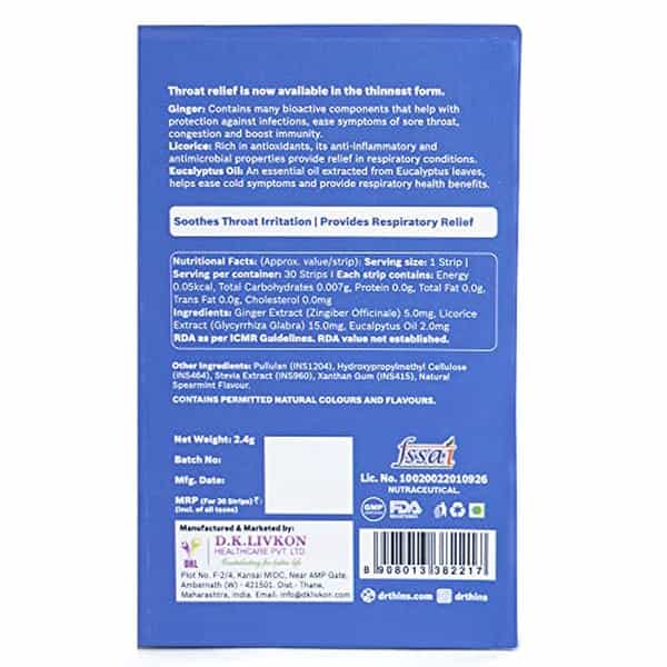 Dr.thins Nokof Cough And Sore Throat Relief | Plant Based Ginger Licorice Eucalyptus Oil - 30 Strips