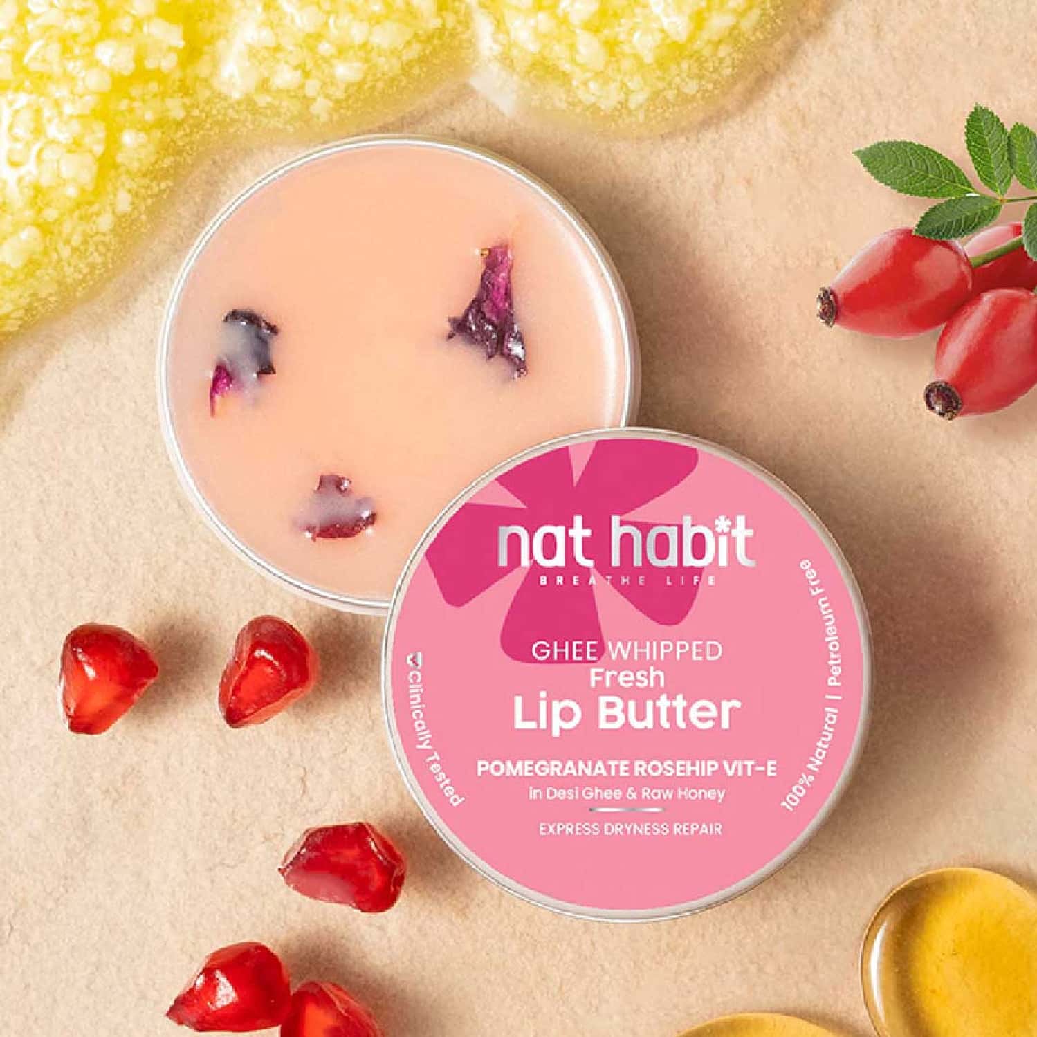 Nat Habit Pomegranate Rose Lip Balm For Dark Pigmented Lips | Lip Butter With Desi Ghee & Honey 10g