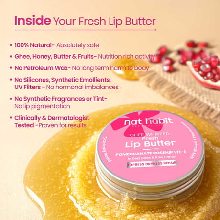 Nat Habit Pomegranate Rose Lip Balm For Dark Pigmented Lips | Lip Butter With Desi Ghee & Honey 10G