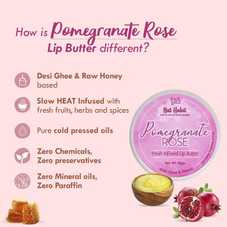 Nat Habit Pomegranate Rose Lip Balm For Dark Pigmented Lips | Lip Butter With Desi Ghee & Honey 10g