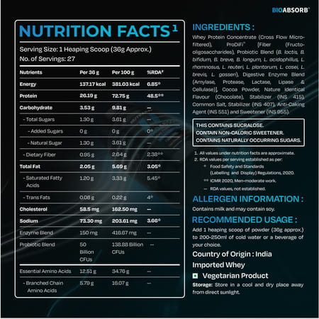 Nutrabay Bioabsorb Whey Protein Powder | Prodifi Blend | 26g Per Scoop | Milk Chocolate - 1kg