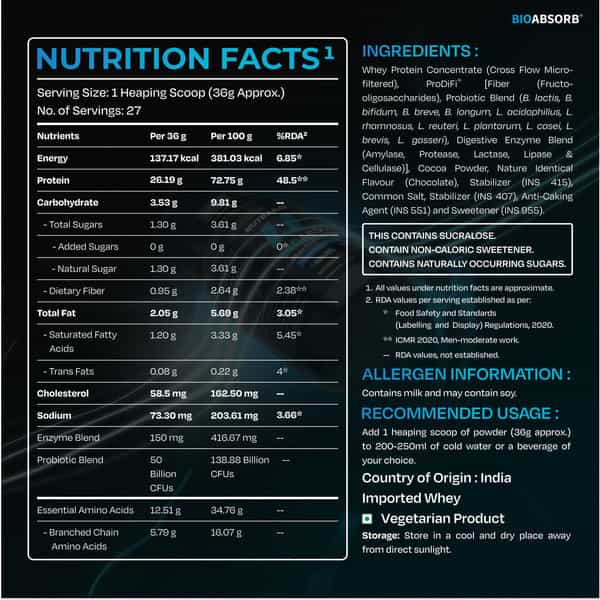 Nutrabay Bioabsorb Whey Protein Powder | Prodifi Blend | 26G Per Scoop | Milk Chocolate - 1Kg
