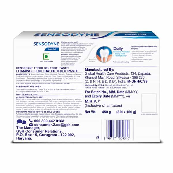 Sensodyne Toothpaste Fresh Gel Combo Pack 450 Gm Multi-Pack (150 Gm - Buy 2+1 Free)