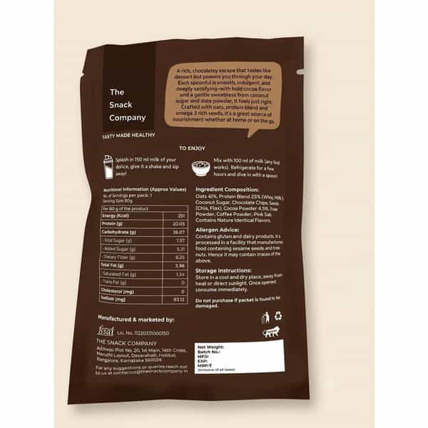 The Snack Company Protein Oats Pack Of 3 - Death By Chocolate | 20.05G Protein | 6.25G Fibre