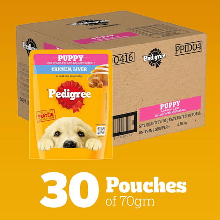 Pedigree Puppy Wet Dog Food | Chicken Liver In Loaf With Vegetables | 70 G (Pack Of 30)