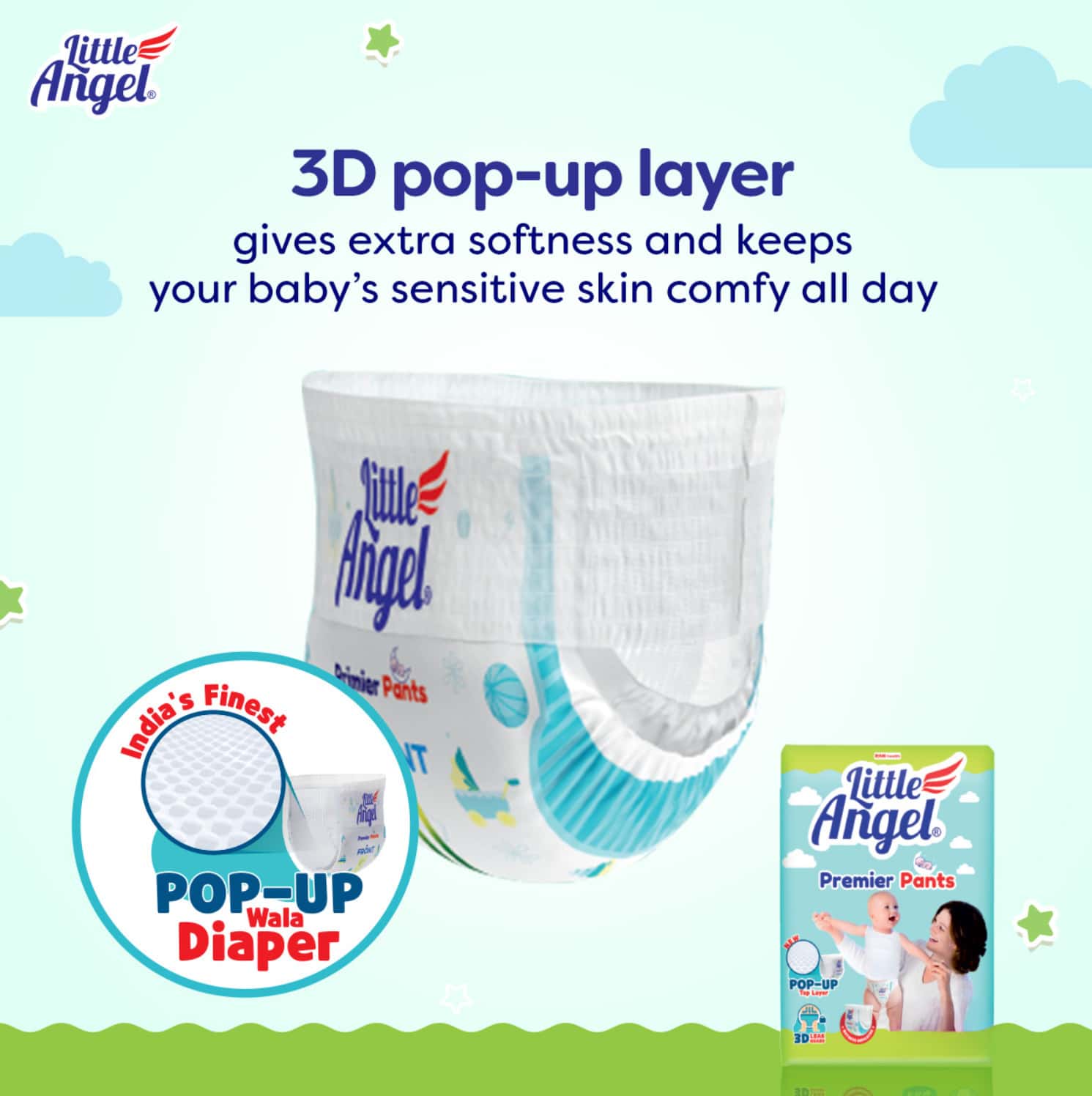 Little Angel Premier Pants Baby Diapers Medium (M) Size 56 Count Pack Of 2 28 Count/Pack 7-11 Kg