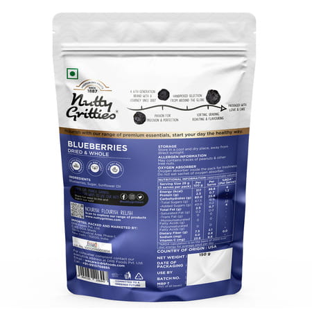 Nutty Gritties Blueberries Dried & Whole Healthy Snack - 150g