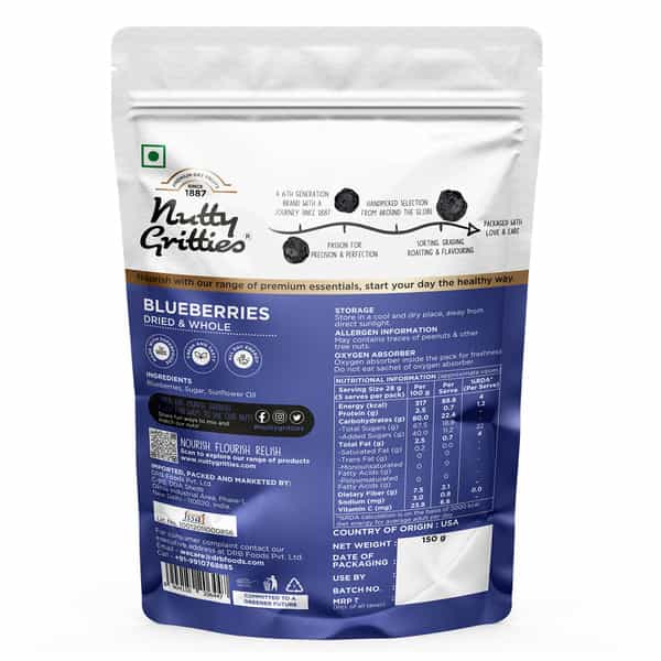 Nutty Gritties Blueberries Dried & Whole Healthy Snack - 150G