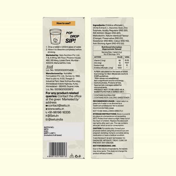 Setu Vitamin C Fizz 15 Effervescent Tablets | For Women & Men | (Orange)