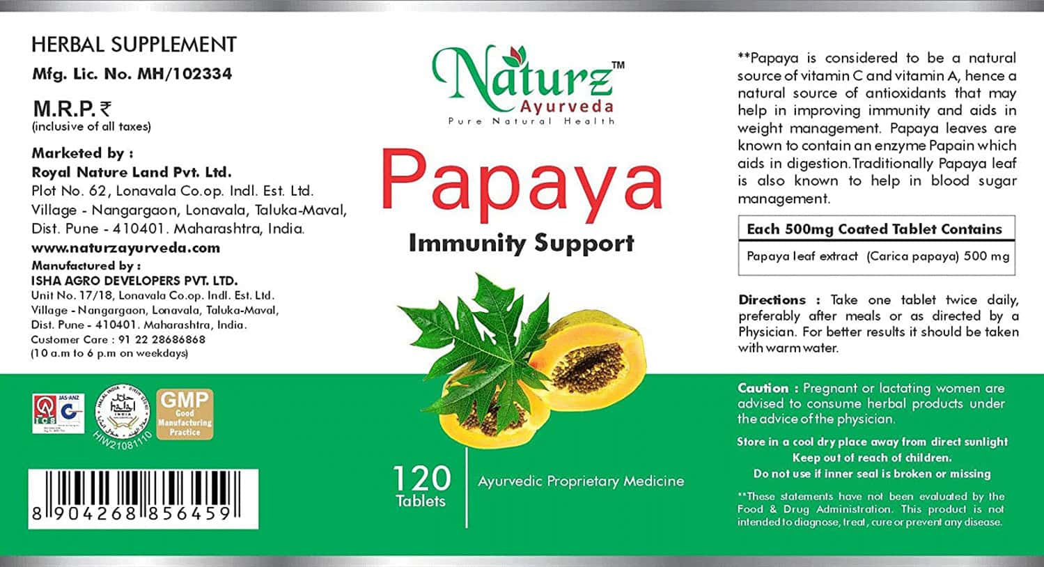 Buy NATURZ AYURVEDA PAPAYA 120 TABLETS Online & Get Upto 60 OFF at PharmEasy