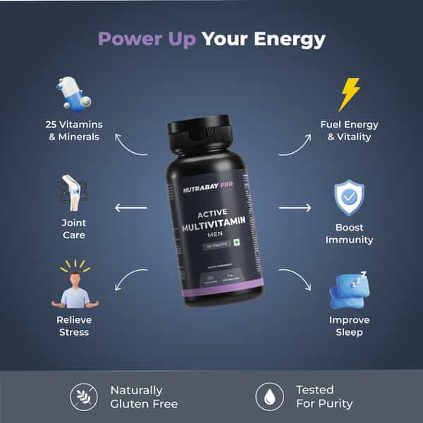 Nutrabay Pro Active Multivitamin For Men - 25 Vitamins & Minerals - 30 Veg Multivitamin Tablet