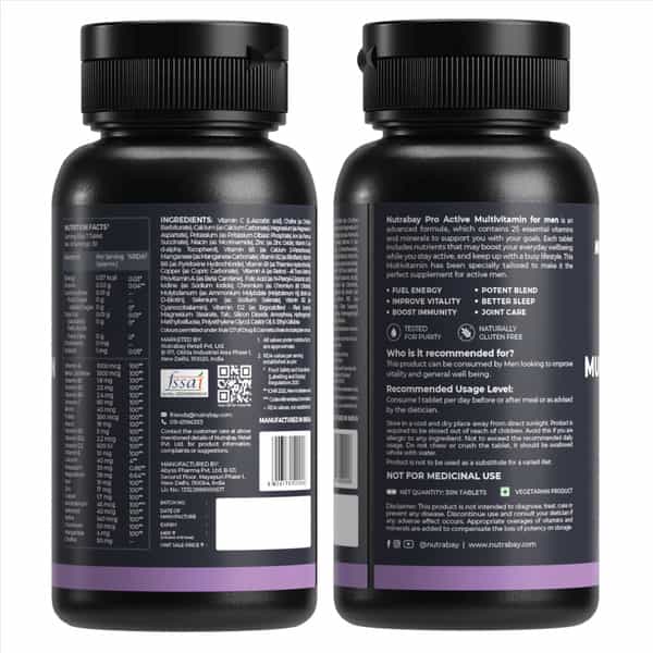 Nutrabay Pro Active Multivitamin For Men - 25 Vitamins & Minerals - 30 Veg Multivitamin Tablet