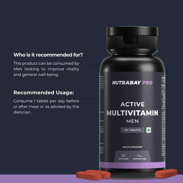 Nutrabay Pro Active Multivitamin For Men - 25 Vitamins & Minerals - 30 Veg Multivitamin Tablet