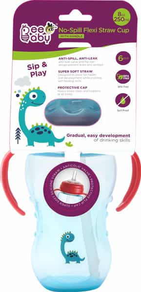 Beebaby No-Spill Flex Straw Sippy/Sipper Cup 240Ml. 8Oz. With Handle. (Blue)