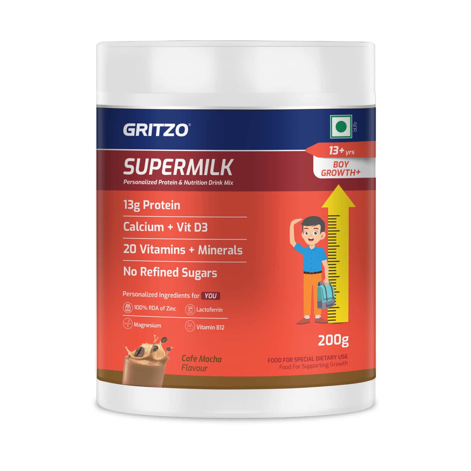 Gritzo Supermilk Growth+ (formerly Height+) (13+y Boys) | 13g Protein Powder (cafe Mocha | 200g)