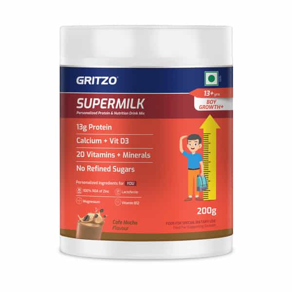 Gritzo Supermilk Growth+ (Formerly Height+) (13+Y Boys) | 13G Protein Powder (Cafe Mocha | 200G)