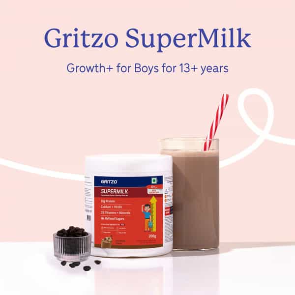Gritzo Supermilk Growth+ (Formerly Height+) (13+Y Boys) | 13G Protein Powder (Cafe Mocha | 200G)