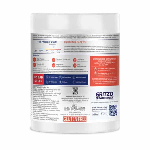 Gritzo Supermilk Growth+ (Formerly Height+) (13+Y Boys) | 13G Protein Powder (Cafe Mocha | 200G)