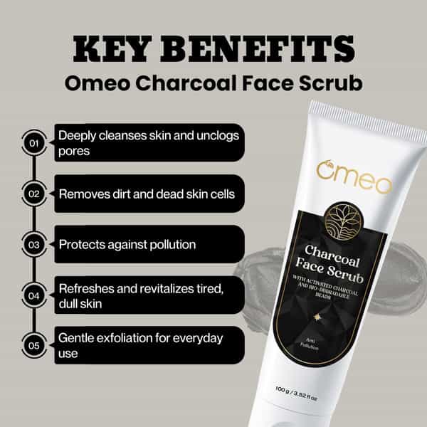Omeo Charcoal Anti Pollution Face Scrub For Oily To Normal Skin | With Activated Charcoal - 100G