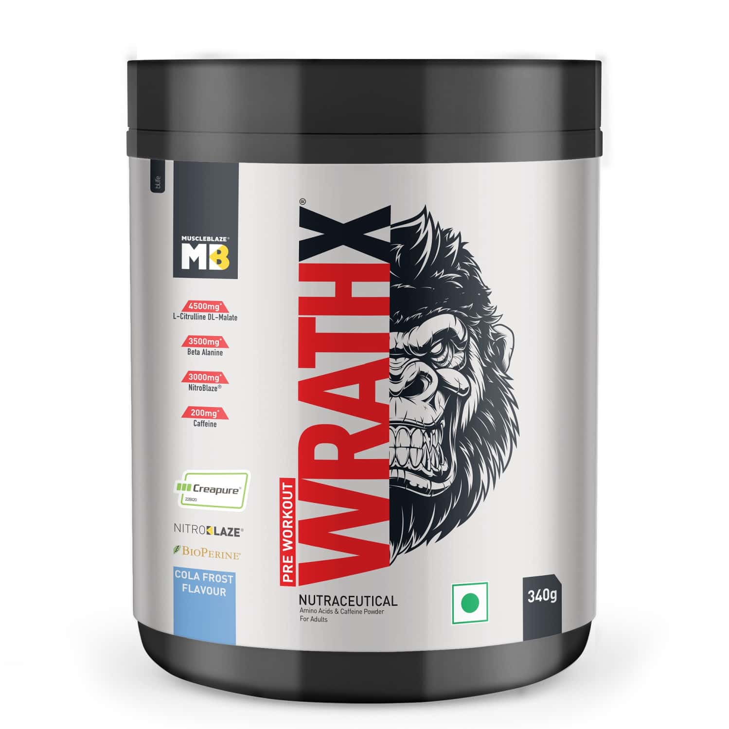 Muscleblaze Pre Workout Wrathx With Creapure ? | Nitroblaze & Bioperine (cola Frost | 340 G)