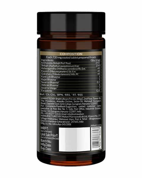 Koshaveda Shilajit Pro Gold (60 Tablets) | Fortified With 24 Carat Gold | Shilajit | Ashwagandha