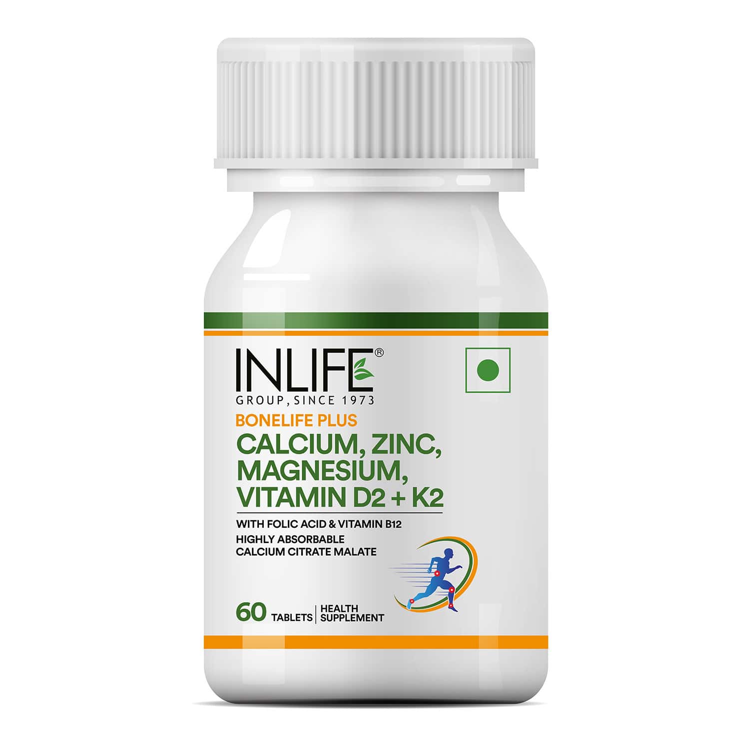 Inlife Calcium Magnesium Zinc Vitamin D B12 K2 & Folic Acid Supplement | Bone & Joint Support - 60n