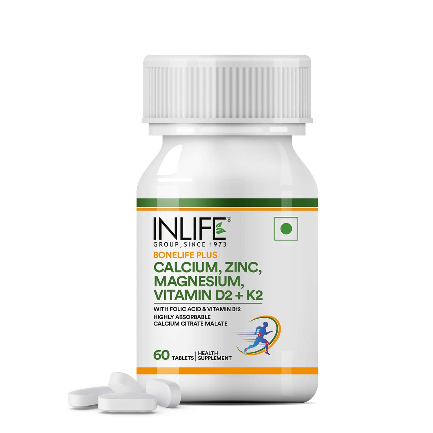 Inlife Calcium Magnesium Zinc Vitamin D B12 K2 & Folic Acid Supplement | Bone & Joint Support - 60n