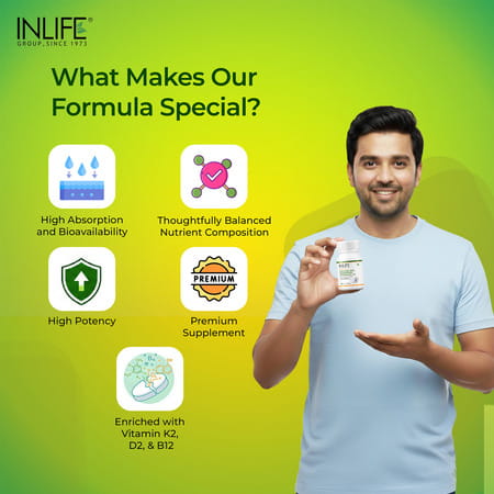 Inlife Calcium Magnesium Zinc Vitamin D B12 K2 & Folic Acid Supplement | Bone & Joint Support - 60N