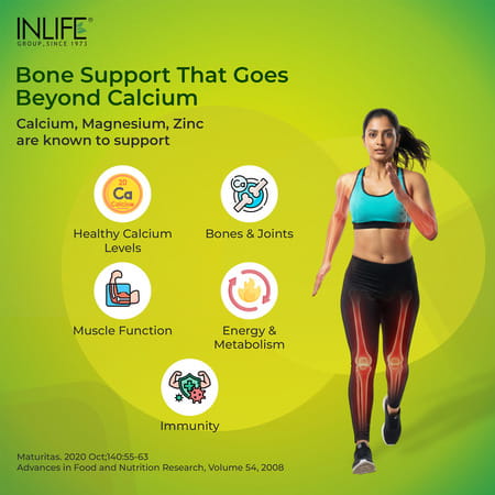 Inlife Calcium Magnesium Zinc Vitamin D B12 K2 & Folic Acid Supplement | Bone & Joint Support - 60N