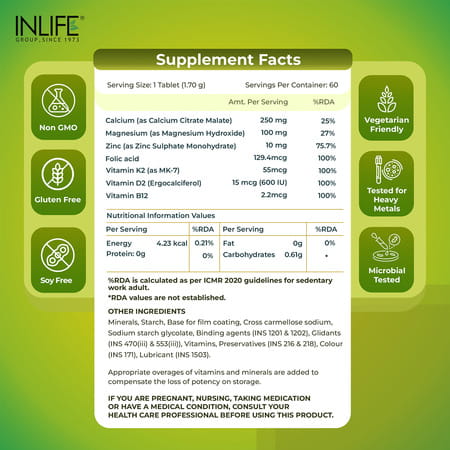 Inlife Calcium Magnesium Zinc Vitamin D B12 K2 & Folic Acid Supplement | Bone & Joint Support - 60N