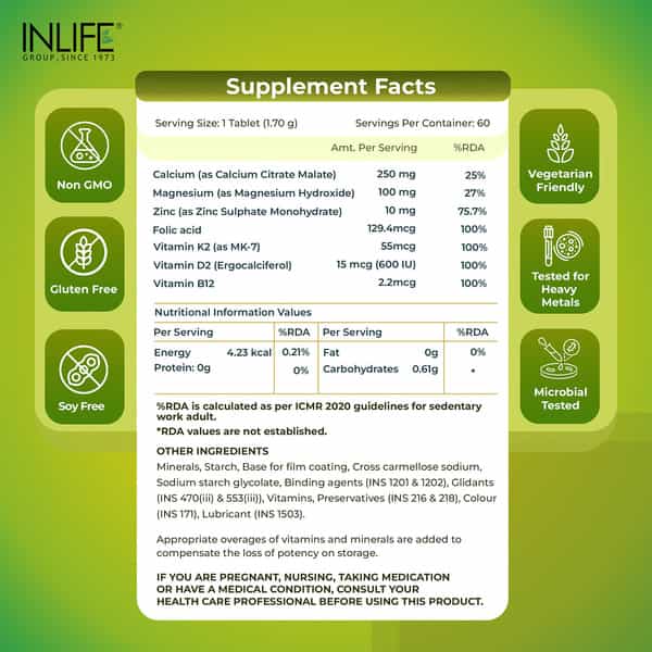 Inlife Calcium Magnesium Zinc With K2 Mk7 For Bone Health - 60 Tablets