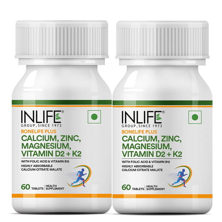 Inlife Calcium Magnesium Zinc Vitamin D B12 K2 & Folic Acid Supplement | Bone & Joint Support - 60N