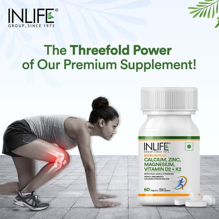 Inlife Calcium Magnesium Zinc Vitamin D B12 K2 & Folic Acid Supplement | Bone & Joint Support - 60n