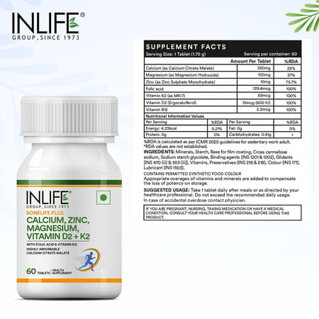Inlife Calcium Magnesium Zinc Vitamin D B12 K2 & Folic Acid Supplement | Bone & Joint Support - 60n