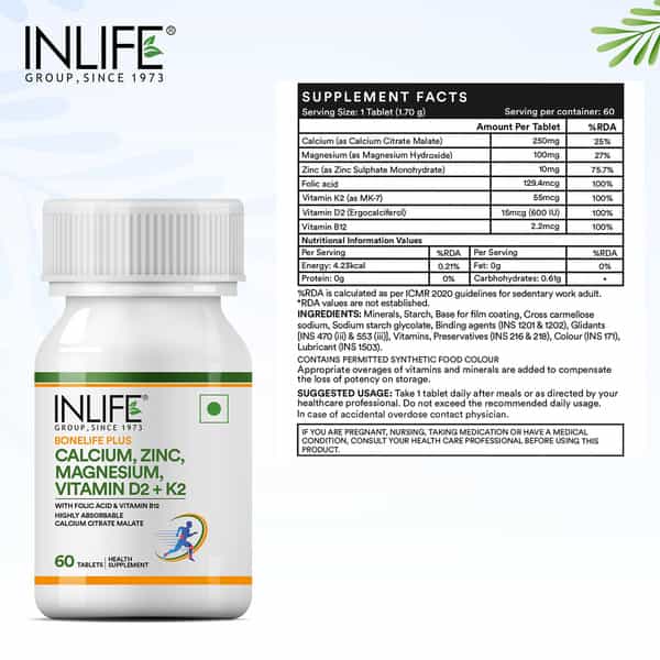 Inlife Calcium Magnesium Zinc Vitamin D B12 K2 & Folic Acid Supplement | Bone & Joint Support - 60N