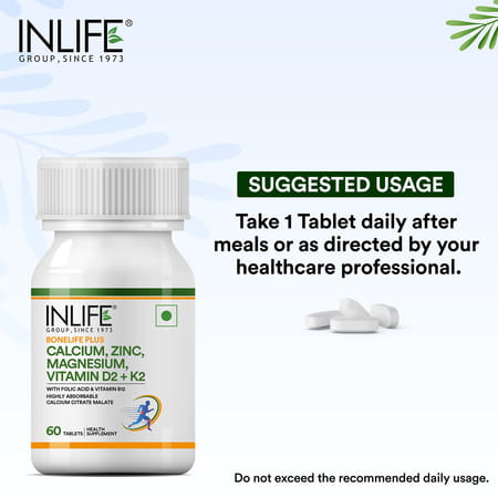 Inlife Calcium Magnesium Zinc Vitamin D B12 K2 & Folic Acid Supplement | Bone & Joint Support - 60N