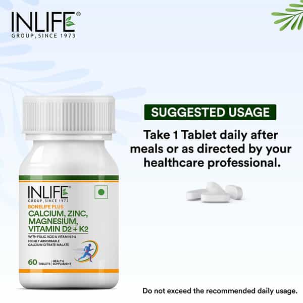 Inlife Calcium Magnesium Zinc Vitamin D B12 K2 & Folic Acid Supplement | Bone & Joint Support - 60N