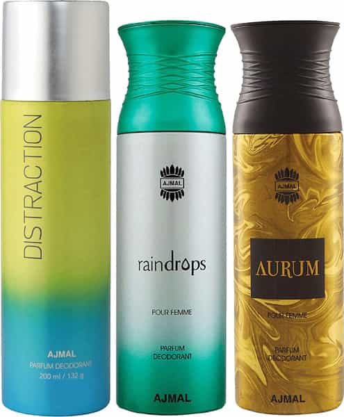 Ajmal 1 Distraction For Unisex 1 Raindrops For Women 1 Aurum For Women Deodorants Combo Pack Of 3