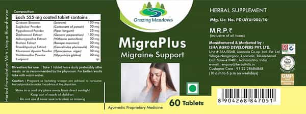 Grazing Meadows Migraplus 60 Tablets - Ayurvedic Herbal Supplement For Migraine Support (Pack Of 5)