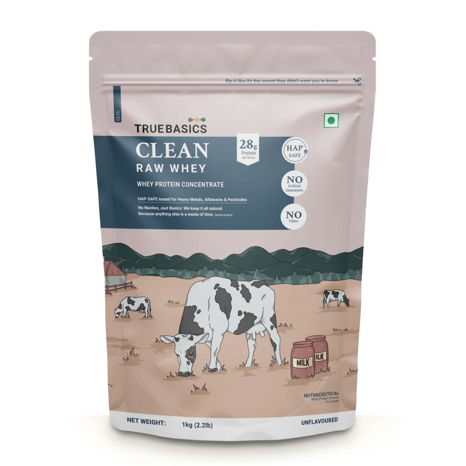 Truebasics Clean Raw Whey Protein Concentrate Powder (unflavoured 1kg) | 28g Protein