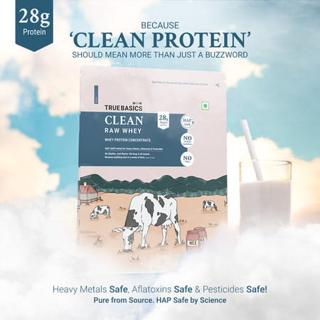Truebasics Clean Raw Whey Protein Concentrate Powder (Unflavoured 1kg) | 28g Protein