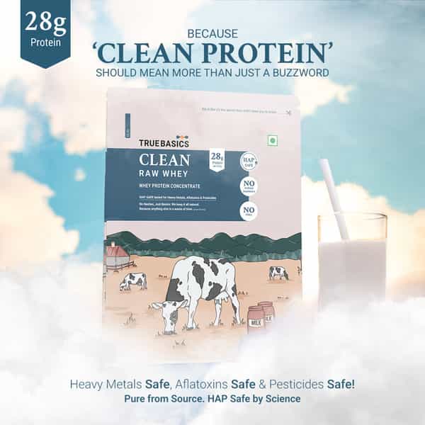 Truebasics Clean Raw Whey Protein Concentrate Powder (Unflavoured 1Kg) | 28G Protein